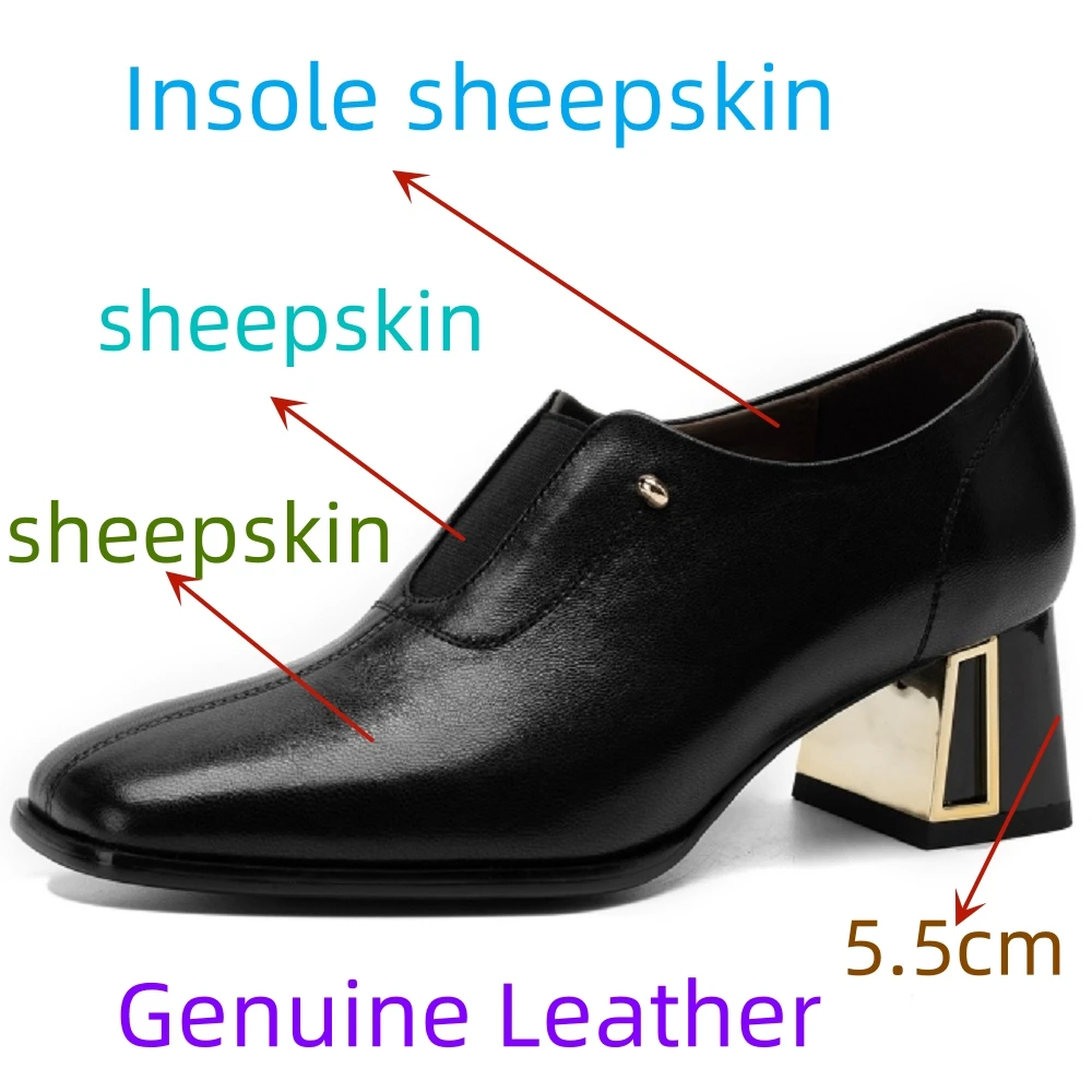 【JOCHEBED HU】Handmade Genuine Leather Square Buckle Elegant Stable Block Heel Commuter Slip On Mid heels Shoes 33-43