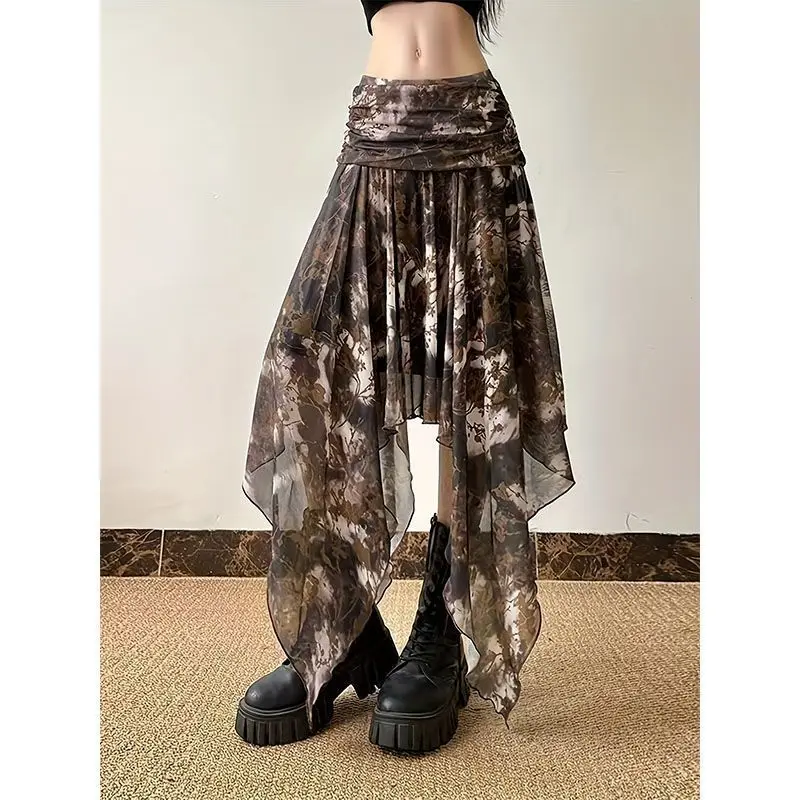 

New Design Retro Mesh Irregular Printed Skirt Splicing