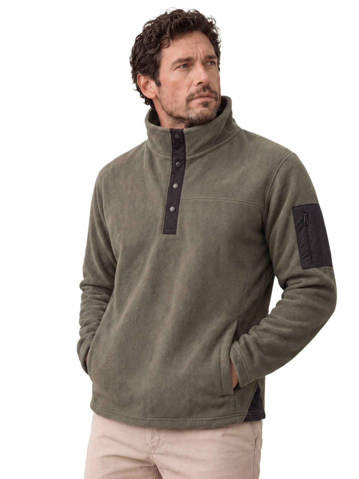 AIOPESON Herren Fleece-Sweatshirt mit mehreren Taschen, Stehkragen, Druckknöpfen, einfarbig, lässiger Outdoor-Pullover, warm für Herbst und Winter. – Detail 3