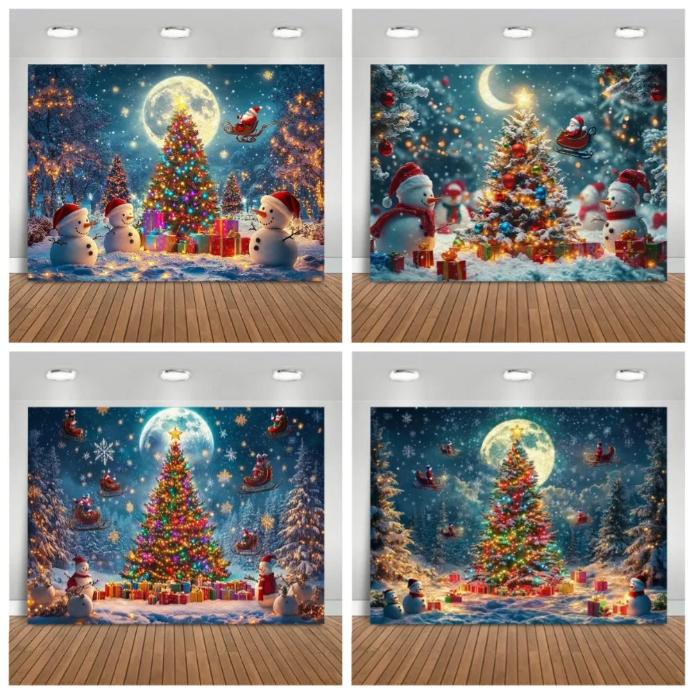 

Christmas Tree Forest Lantern Photography Backdrop, Christmas Snowman Santa Claus, Family Party Decoration Photography Backdrop