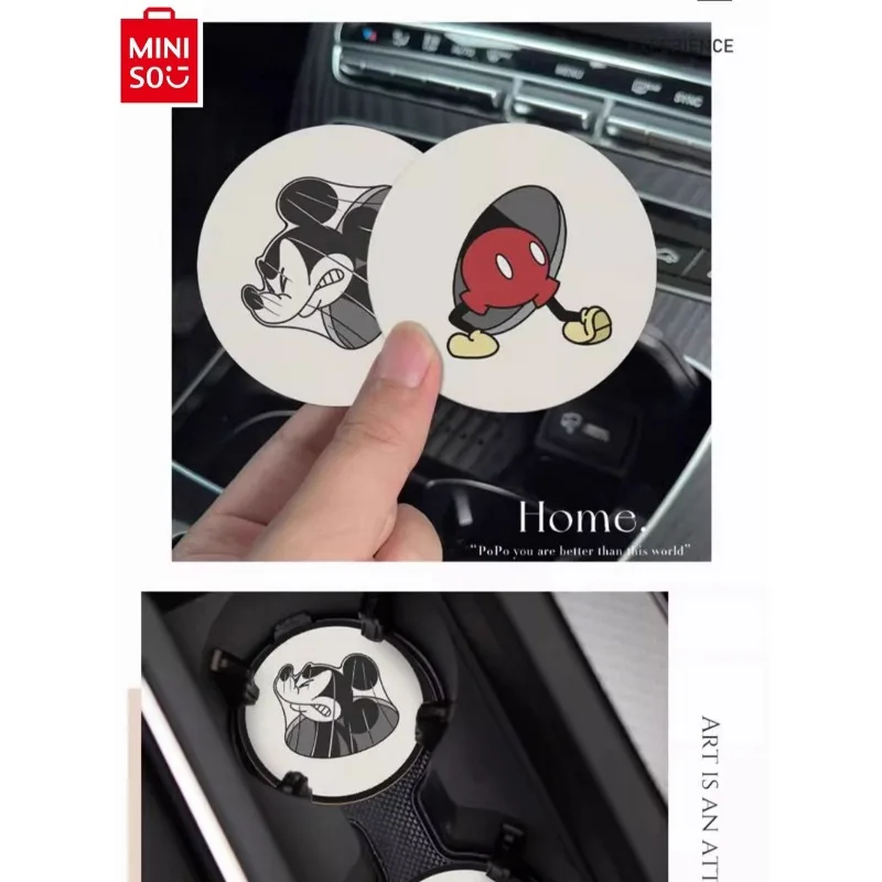 MINISO car coaster universal high-quality leather storage compartment coaster car cartoon Mickey decoration anti slip mat