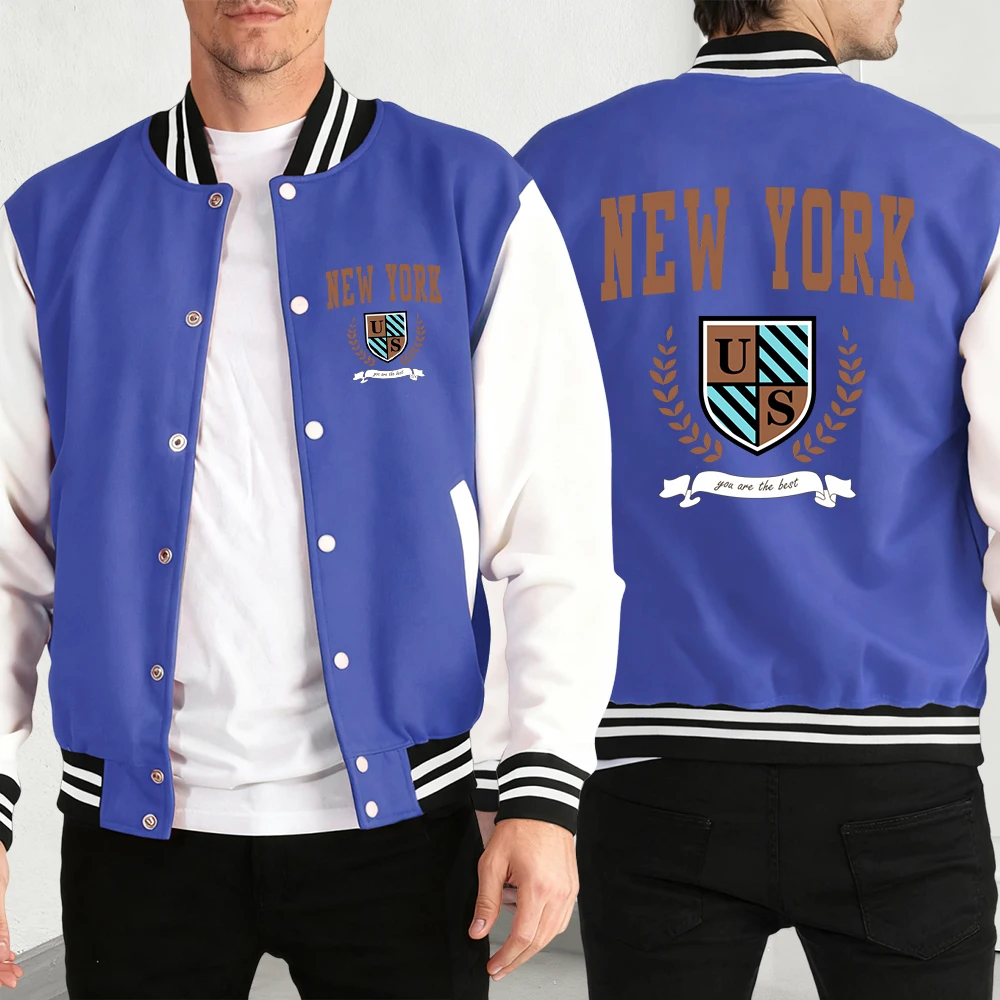 

New York Usa Pattern Men Jacket Autumn Fleece Warm Baseball Jersey Fashion Button Streetwear Unisex Vintage Loose Clothing