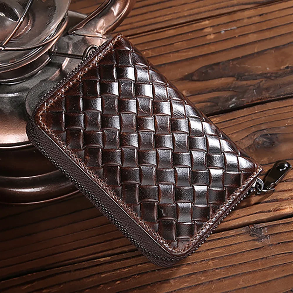 Oil Wax Cowhide Bifold Wallet ID/Credit Card Holder Vintage Deisgner Male Zipper Coin Purse Genuine Leather Men MIni Clutch Bag