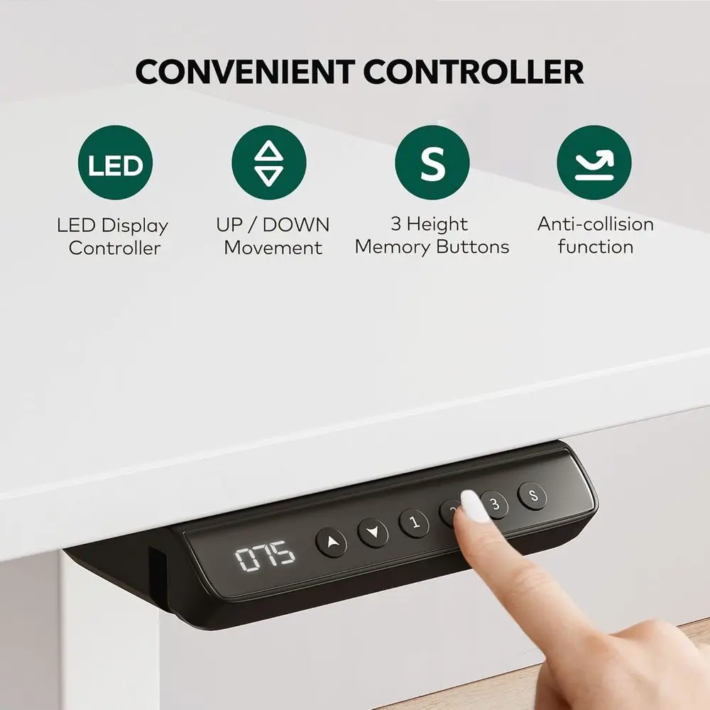 مكتب كهربائي على شكل حرف L قابل للتعديل الارتفاع، 63 × 55، مكتب مريح مع 3 إعدادات للذاكرة، أبيض