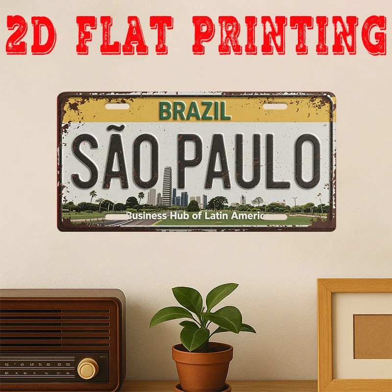 Brazil São Paulo Business Hub of Latin America 2D Flat Printing License Plate Style Metal Tin Sign, Vibrant Brazilian City Theme