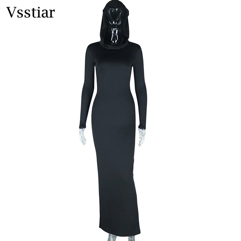 Vsstiar Full Sleeve Hooded Women Dress Black Solid Color Bodycon Maxi Vestidos Elegant Fashion Split Ladies Casual Outfits