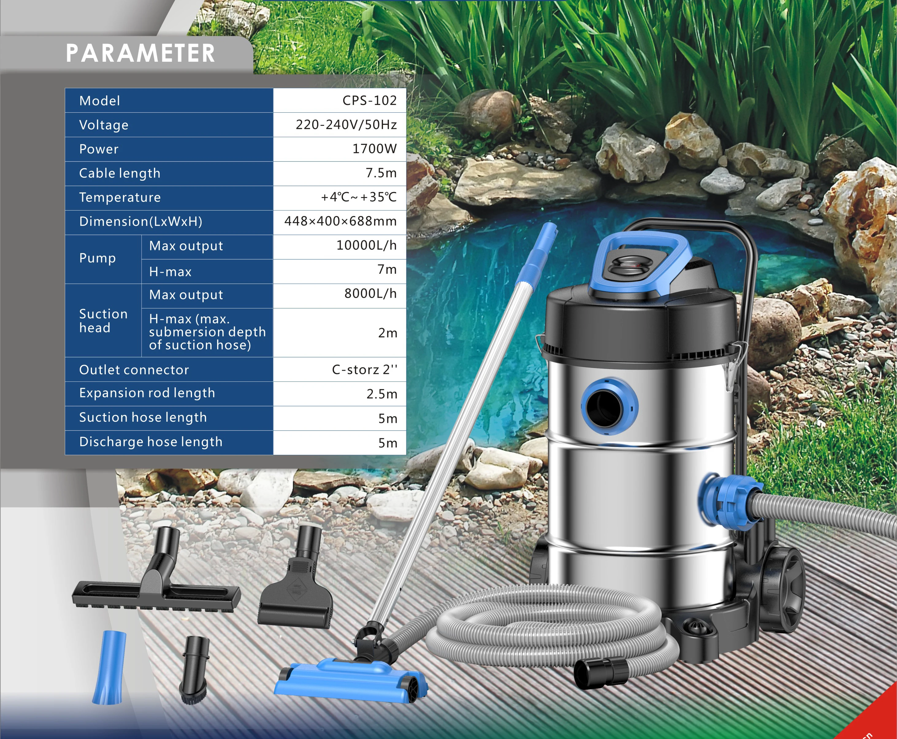 

New Commercial & Industrial Wet & Dry Vacuum Cleaner Set | With Bag, for Swimming Pools, Ponds & Auto Cleaning