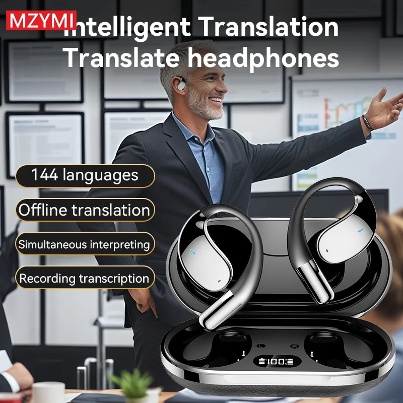 mzymi Q39 AI Translate Earphone 144 Language Support Wireless Bluetooth Earhook Headphone LED Digital Display Built-in Mic