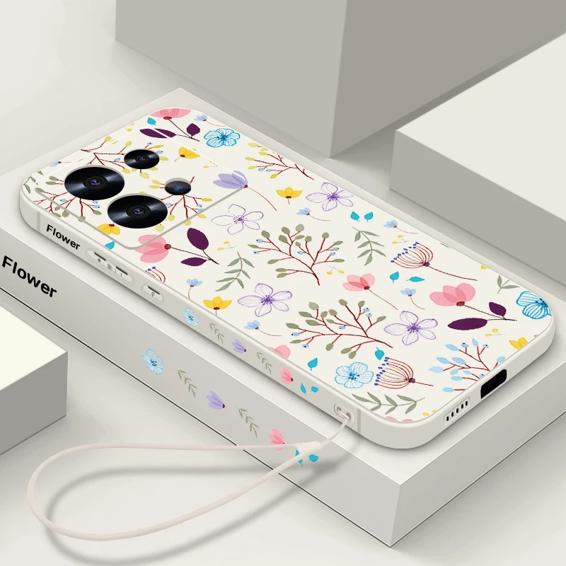 Luxury Flower Print Lanyard Case For Xiaomi Redmi Note 14 13 Pro 5G 11 10 11s 12 Mi 11 Lite 5G NE Poco F6 X6 11T 13T Pro Cover