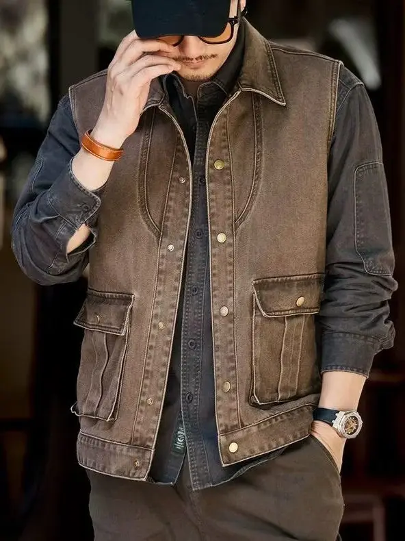 Retro American Workwear Vest Men's Spring New Loose Welding Worker Anti-Scalding No-Sleeve Shoulder Pad Vest Fashion Urban Style