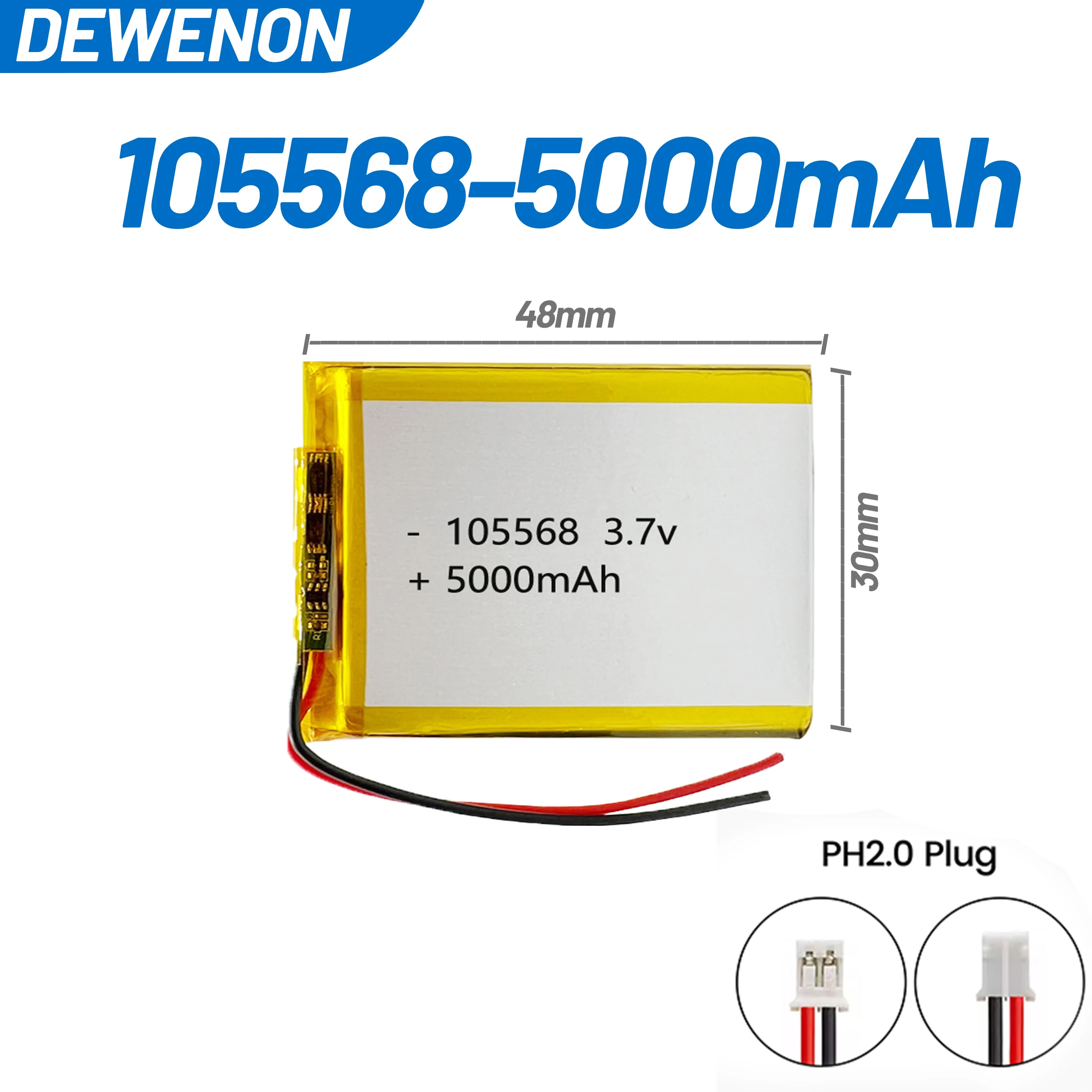 

1-20PCS 105568 Rechargeable Polymer Battery 3.7V 5000mAh for Power Bank Bluetooth Speaker with PH2.0 Plug