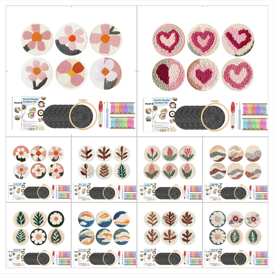 

Flowers Punch Needle Coasters Kit for Beginners 6pcs Landscape Patterns DIY Craft Set with Embroidery Hoop Yarn and Tools