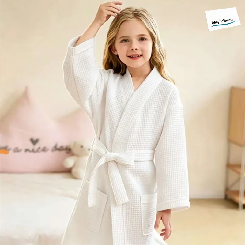 Sommer-Kinder-Bademantel aus Baumwolle mit Waffelmuster, Weicher Saugfähiger Kimono-Bademantel mit Gürtel für Jungen und Mädchen, Nach dem Bad, Spa, als Schlafanzug – Detail 3
