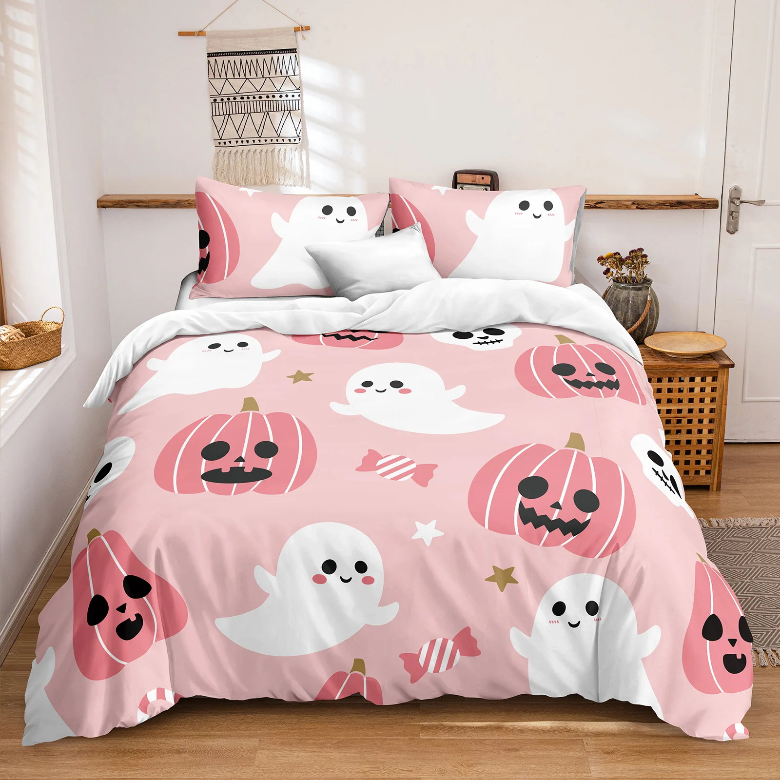 Pink Halloween Bedding Set Pink Girls Pumpkin Duvet Cover Set Funny Halloween Ghost Duvet Cover Set Cute Halloween Bedding