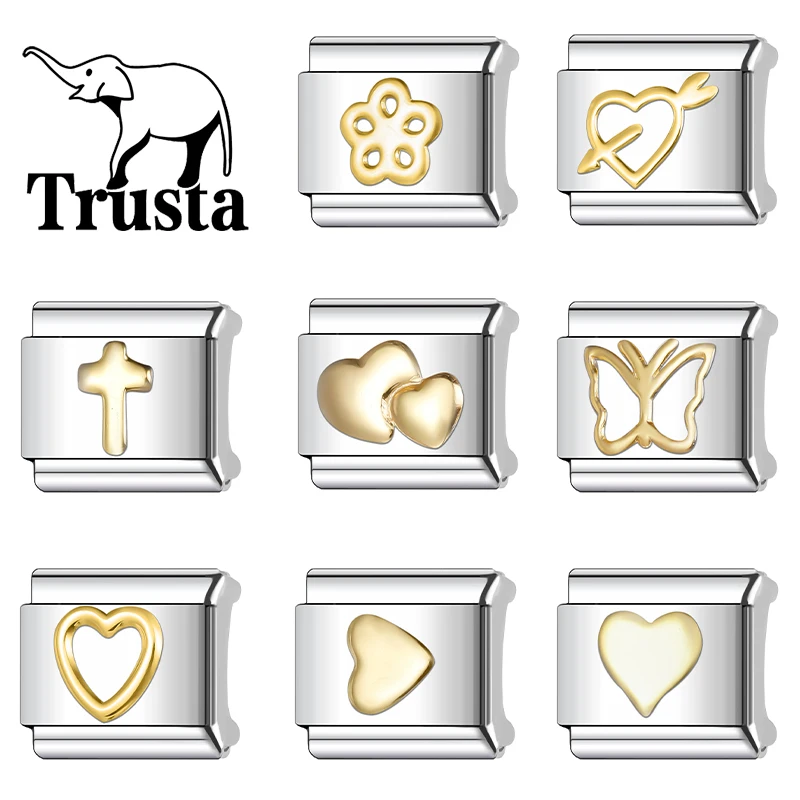 Trusta 2025 New Fashion Gold Butterfly Love Pattern Charm Italian Links 9mm Bracelet Stainless Steel for Women DIY Jewelry N533