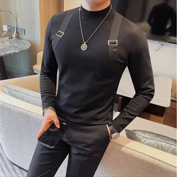Shoulder Strap Design Half High Neck T-shirt For Men Autumn Winter New Slim Fit Solid Color Business Casual Tee Men Clothing 4XL