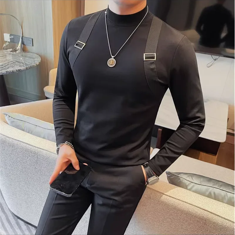 Shoulder Strap Design Half High Neck T-shirt For Men Autumn Winter New Slim Fit Solid Color Business Casual Tee Men Clothing 4XL