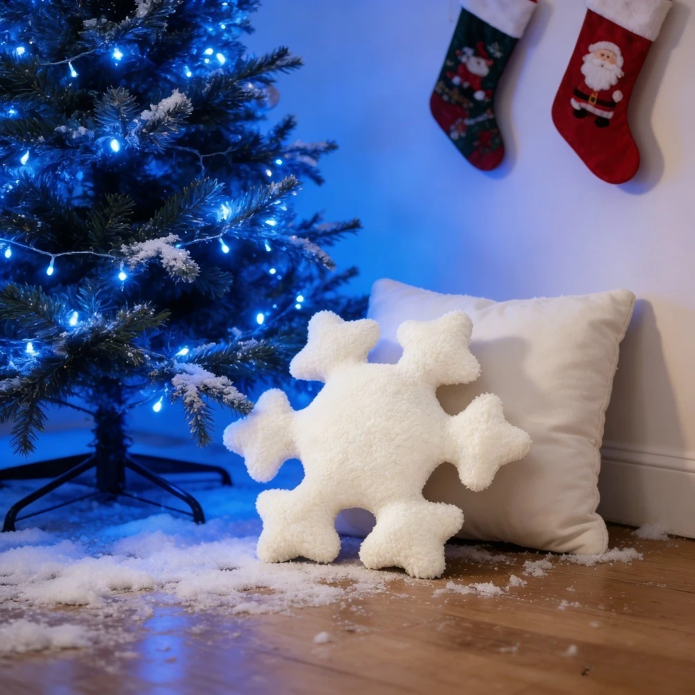 وسادة رمي قطيفة جديدة على شكل ندفة الثلج | دمية عيد الميلاد، ديكور الثلج، وسادة أريكة المنزل #1