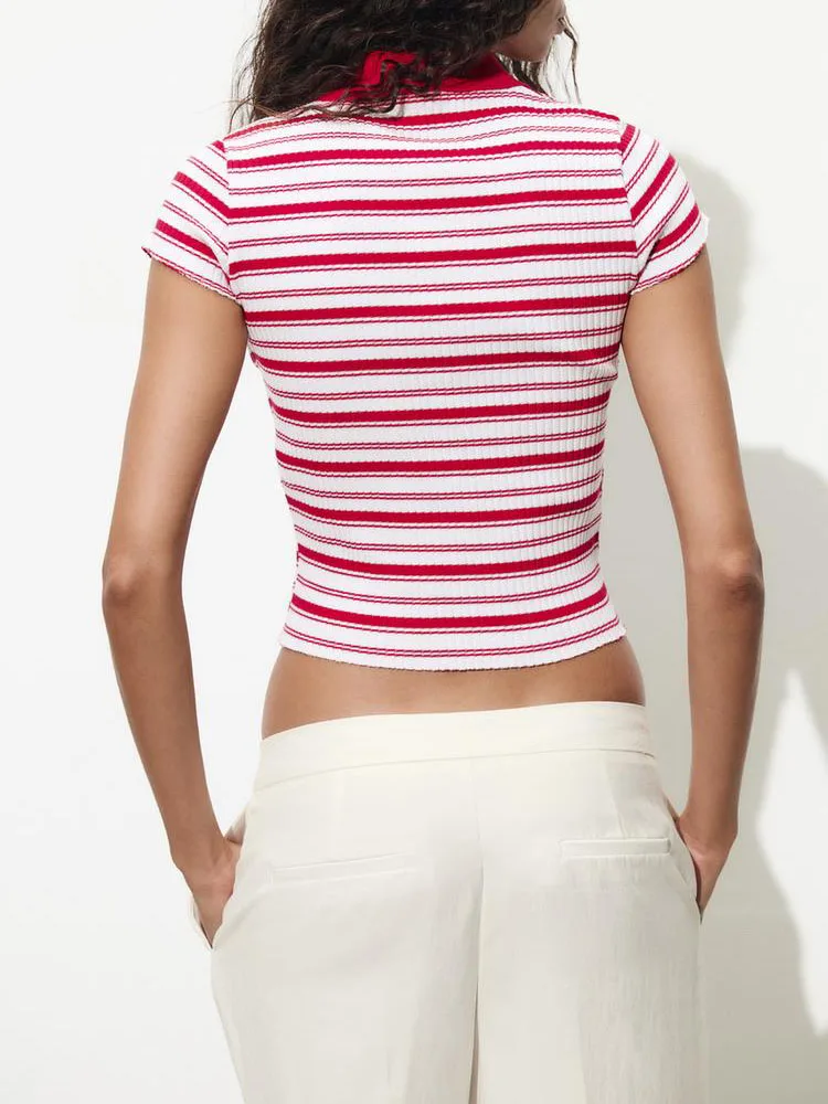 새로운 여름 여성 폴로 셔츠 편안한 스트라이프 골지 칼라 반팔 세련된 통근 스타일 슬림 피트 니트 탑