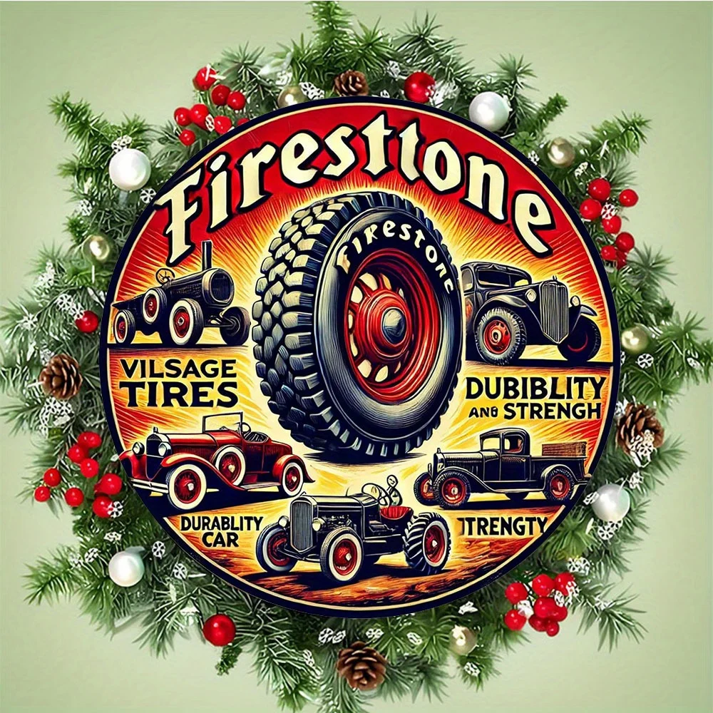 2D Flat, 1pc Vintage Firestone Tire Design Wreath Decor - 7.8-Inch Round Aluminum Metal Wall Art Sign, Weatherproof Retro Garage