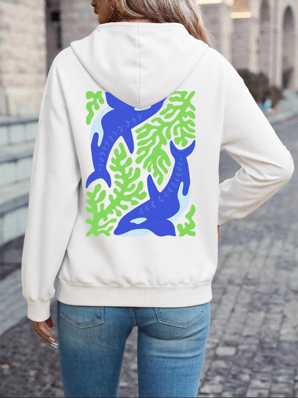 Orca Seaweed Illustration Printed Hoodie Womens Comfortable Loose Sweatshirt Fleece Warm Soft Pullover Casual Pocket Clothes