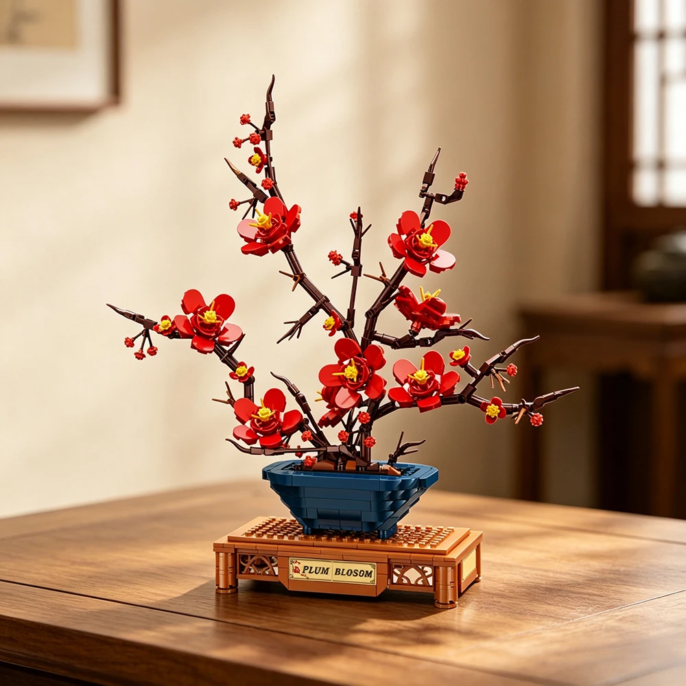 Chinese Style Plum Blossom Bonsai Building Blocks 3D Artificial Flower Plant Model Desktop Decor Collectible Gift for Art Lovers