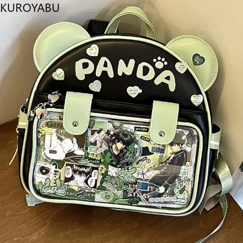 

Kawaii Panda Y2k Lolita Backpacks Girls Transparent Pocket Harajuku Pain Bags PU JK Preppy Style Backpack Cute Ita Bag for Women