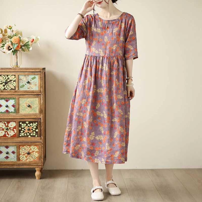 Ele Cotton Linen Midi Dr Summer Thin Floral Print Women's High Waist ort Sve Commute Sle Polyester Fiber