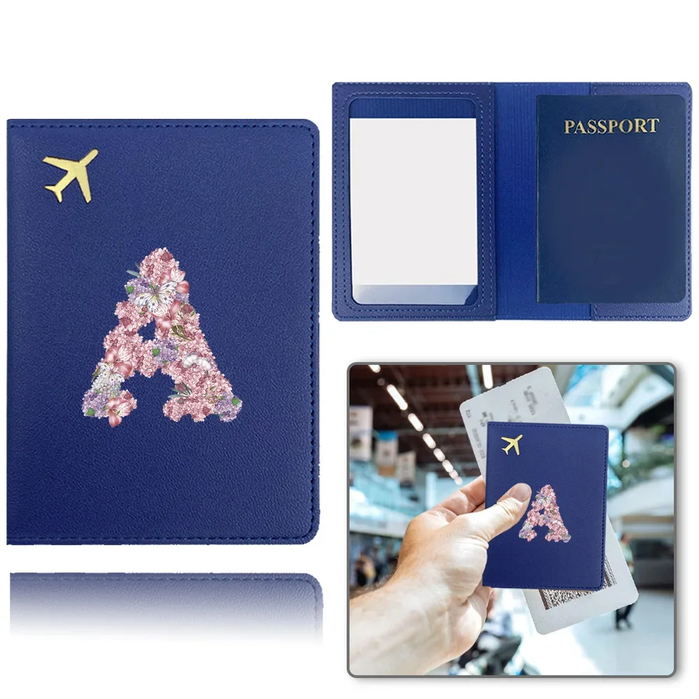 Pu Passport Case Business Passport Clip Airplane Travel Passport Cover Bank Card Organizer Cover Rose Flower Letter Pattern