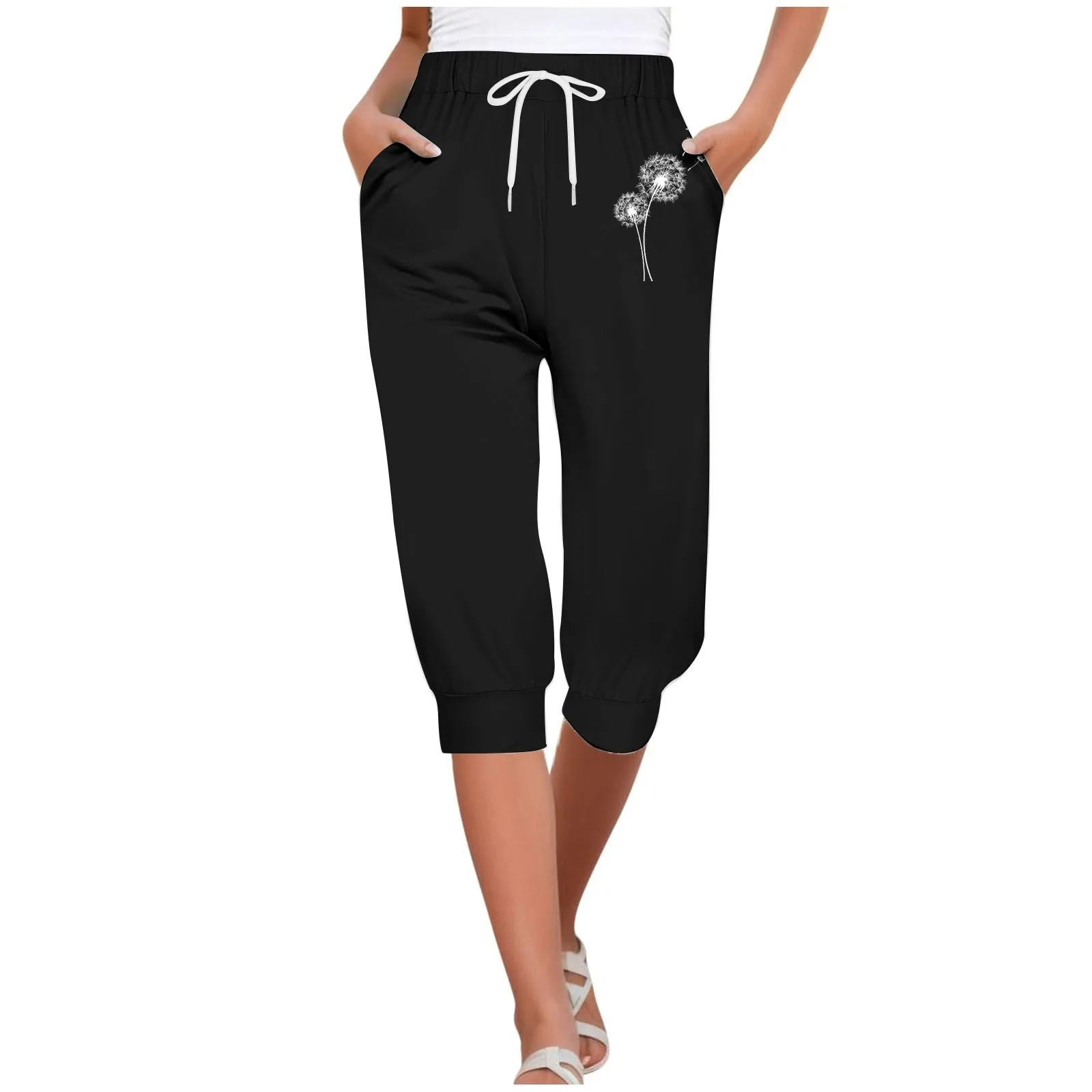 

2024 New Dandelion printed calf-length pants for Womens Black Casual Pantalones Mujer Pantalon Femme Jogger 7 Length Trousers