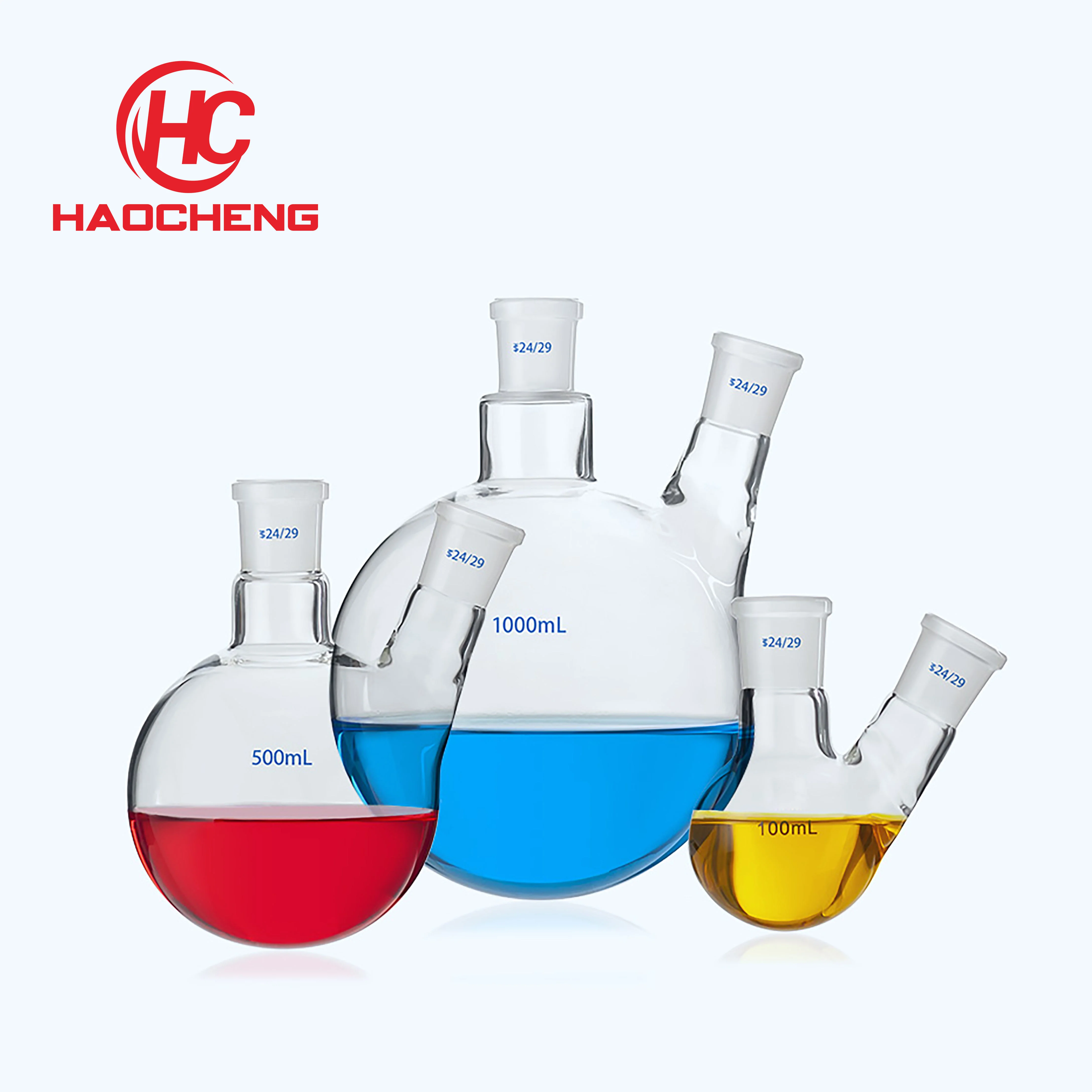 Laboratory high round bottomed glass 2-neck distillation flask with 2 standard angled adapters