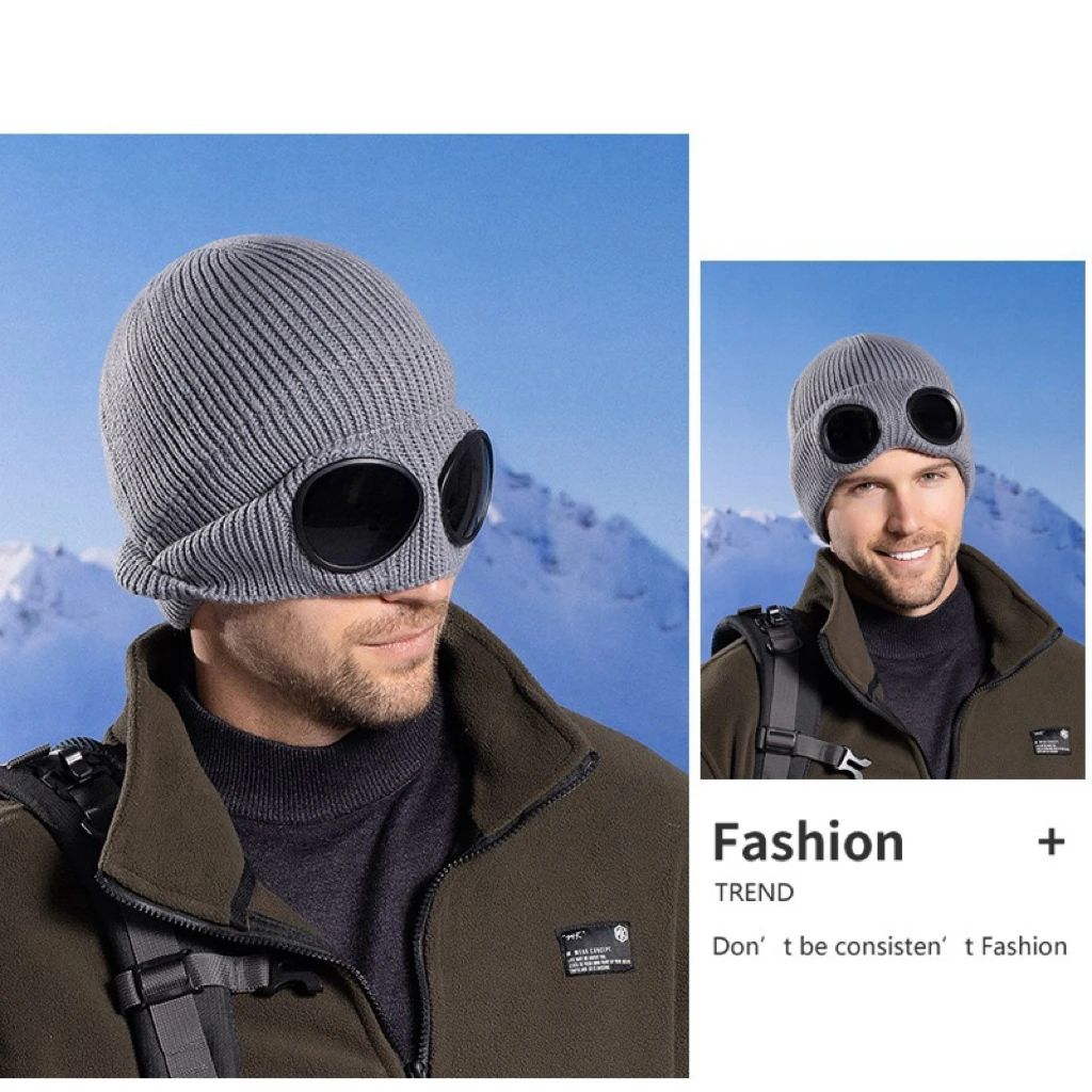 Gorro de punto Unisex con gafas a prueba de viento calentador de invierno gorros de esquí suave cálido antideslizante protección para los oídos Garros