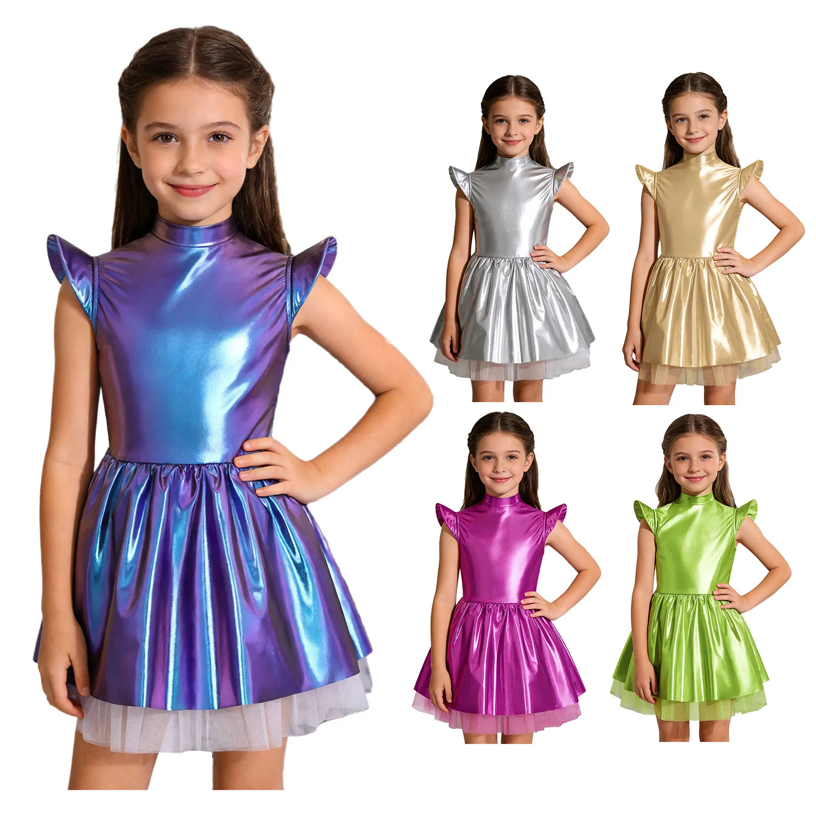 Kids Girls Alien Dress Halloween Astronaut Robot Outer Space Theme Party Dress Up Costume Glossy Metallic Ruffled Tutu Dress image 5