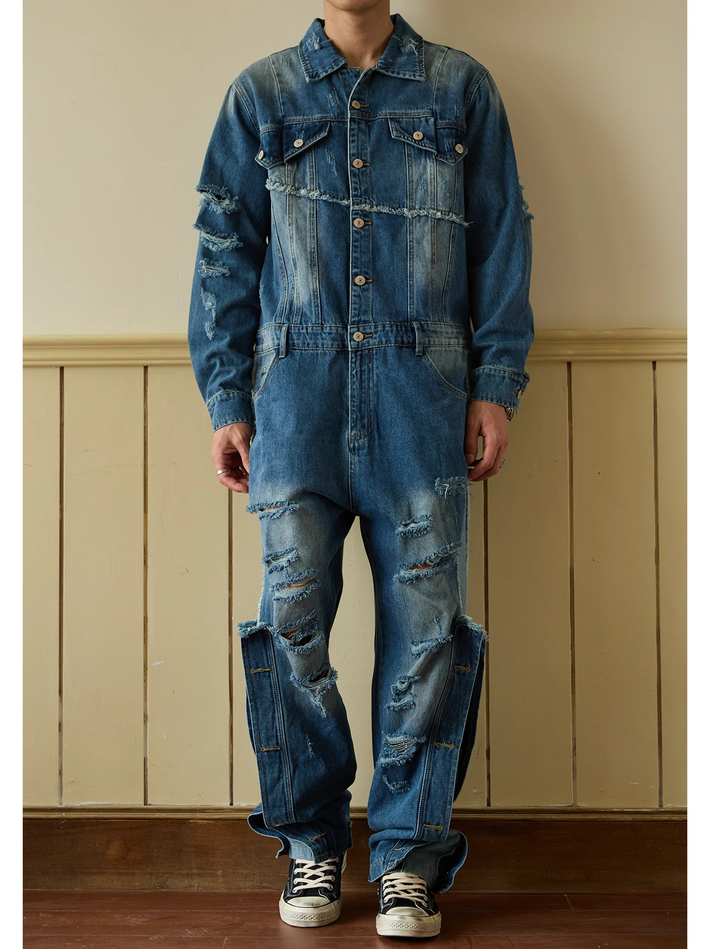 

British Style Men's Spring Autumn Loose Fit Long Sleeve Denim Overall Pants Casual Wear Tear in Style Workwear Outfit Set