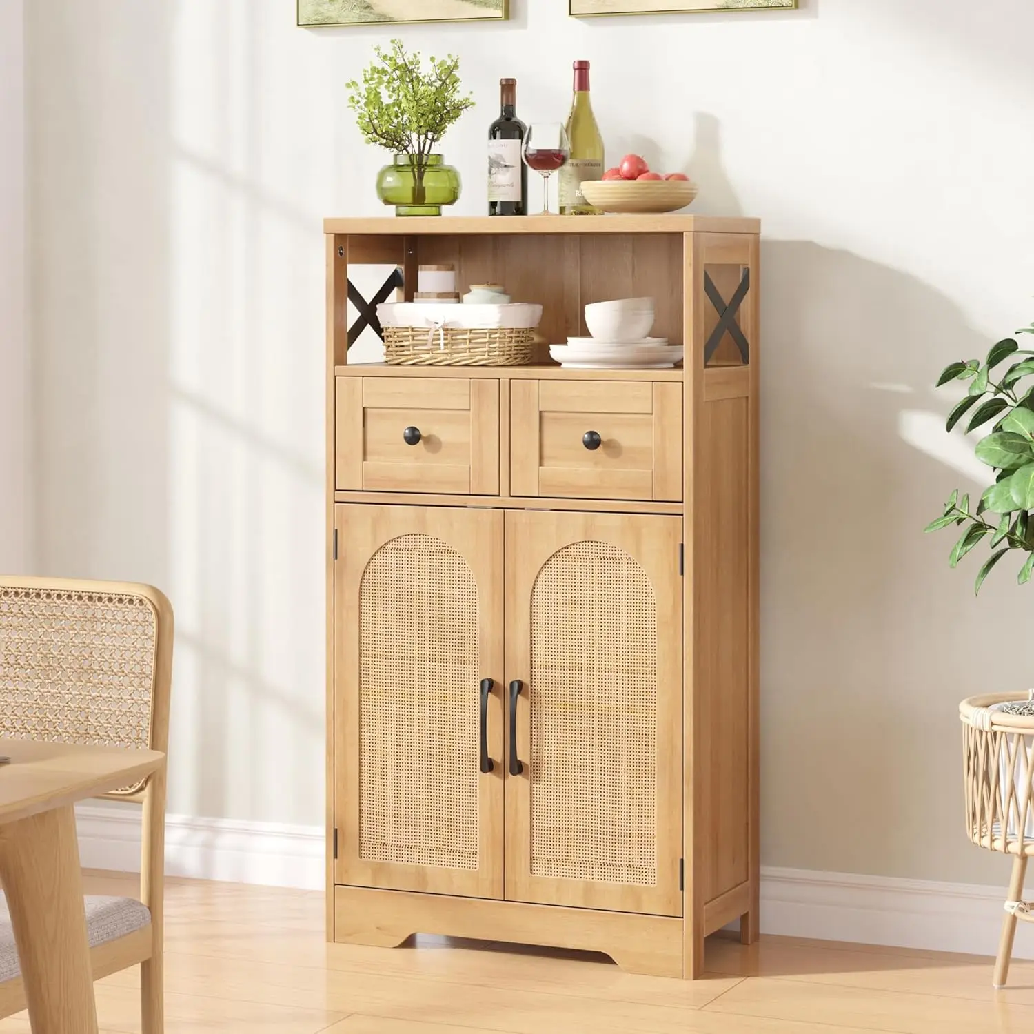 

Rattan Buffet Sideboard with 2 Drawers, Adjustable Shelves, Farmhouse Coffee Bar Station for Kitchen Dining Living Room