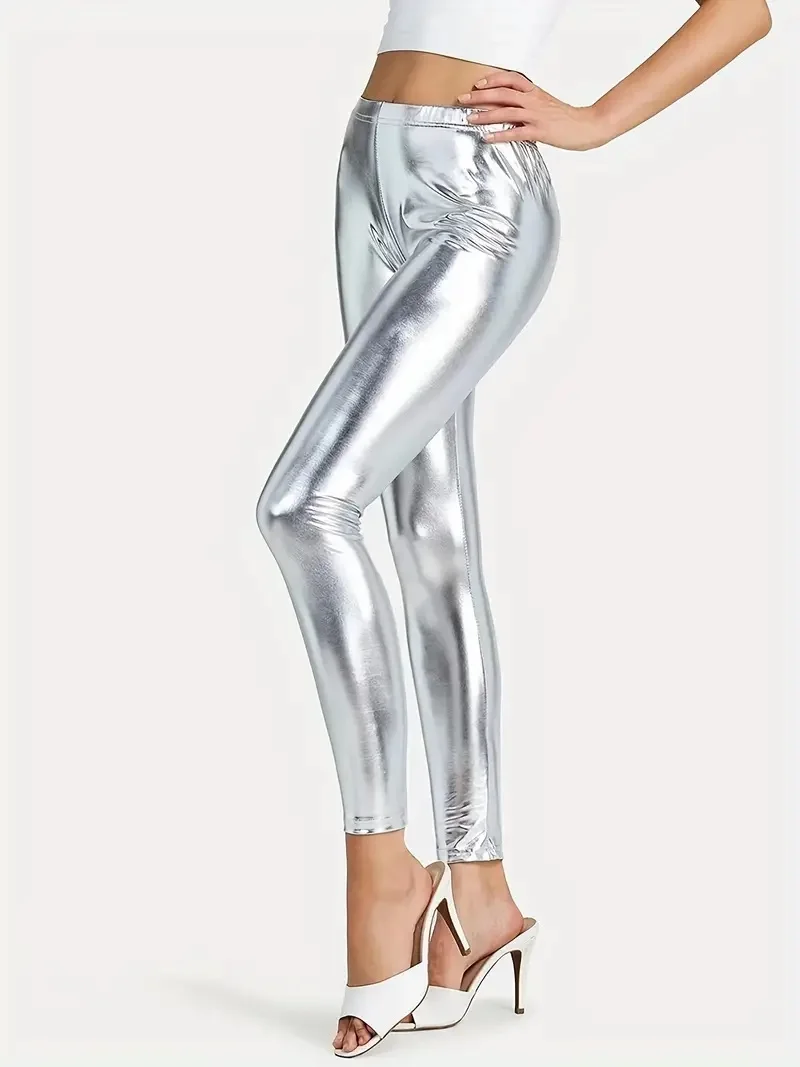 Fashion European Style Silver Bright Leather Nine-point Pants New High Elastic Imitation Leather Solid Color Leggings Women