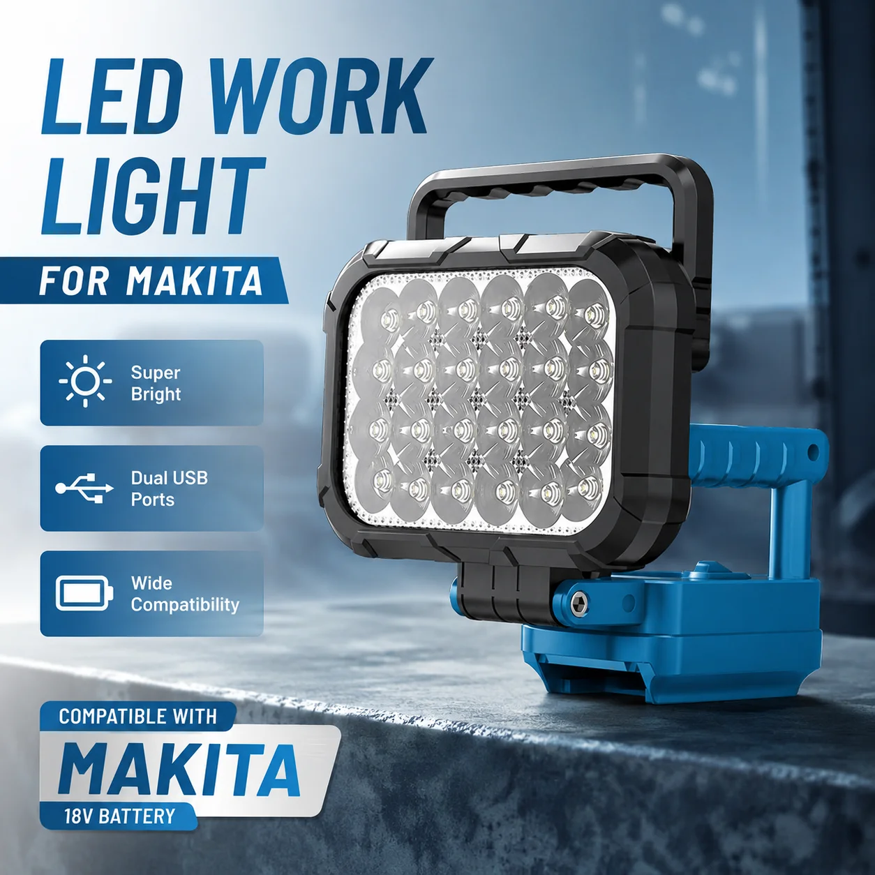 LED Work Light for Makita 18V Battery, Portable Rechargeable Job Site Lamp, Dual USB Ports, High Low Beam