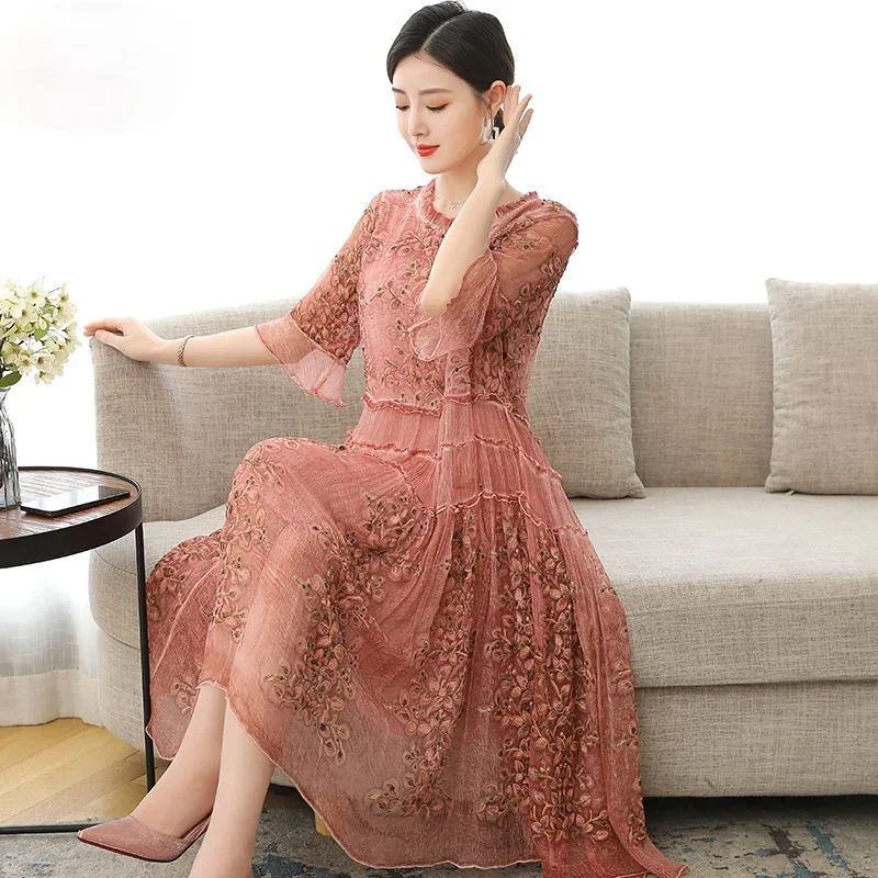 

50% Silk Summer Dress 2024 Elegant Midi Dress Female Korean Fashion Dresses For Women Casual Vestido De Mujer Pph4445