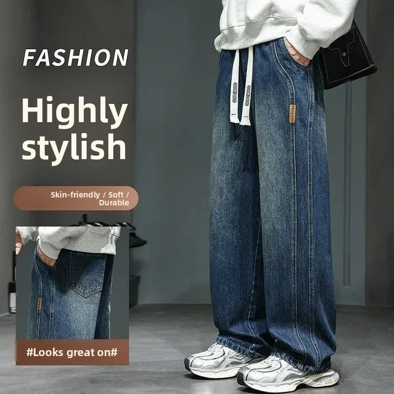 

Men's Wide Leg Straight Cut Jeans American Sle Workwear Casual Trousers Spring Autumn Season Elastic Waist Loose Fit Jeans