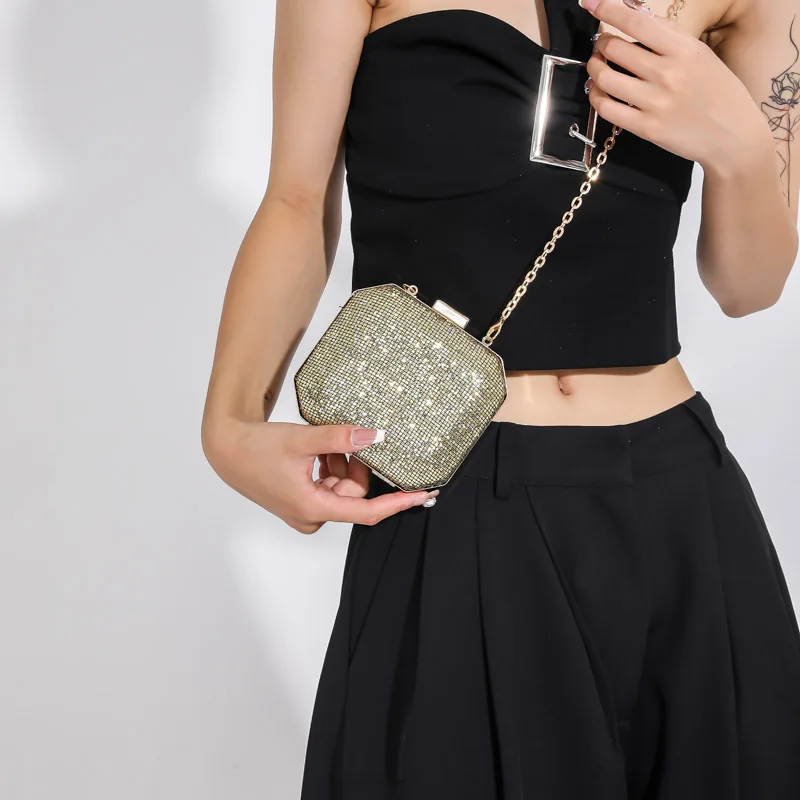 Vintage Fashion Rhinestone Small Clutches For Women 2024 New Gold Silver Black Color Mini Handbags Prom Party Chain Shoulder Bag