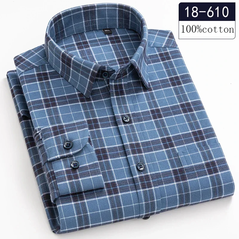 Chemise à manches longues pour hommes, 100% coton, ponçage, coupe couvertes, chemise décontractée, vêtements à carreaux de créateur doux, haute