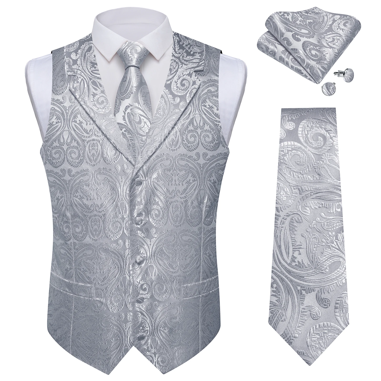 Paisley Lapel Mens Suit Vest Set, Tie Handkerchief Cufflinks 4-Piece, Formal Wear for Groom Groomsmen Prom