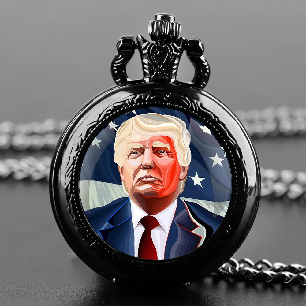 Trump 2024 Glass Dome Vintage Arabic Numerals Quartz Pocket Watch Necklace Pendant Clock Chain Men Women Supporter Fans