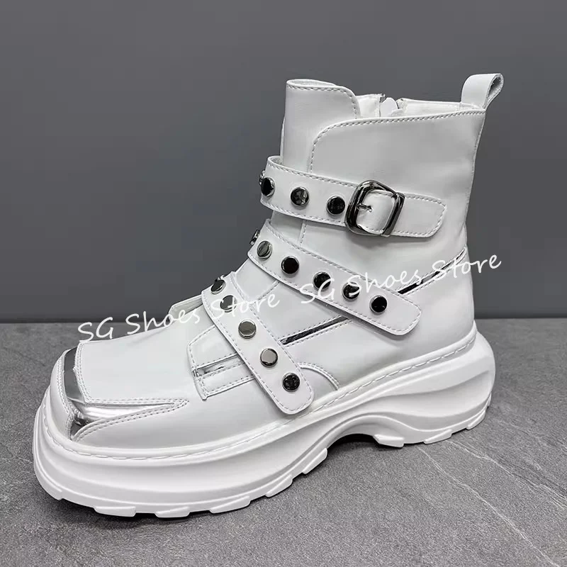 

British Style High Top Chunky Bottom Short Boots for Men Punk Rivet Belt Buckle Square Toe Mid-calf Boots Male Motorcycle Boots
