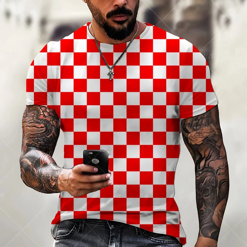 Men's Trendy New T-shirt 3D Print Square Check Graphic T Shirts Harajuku Short-sleeve Tops Men Clothing Versatile Oversized Tees