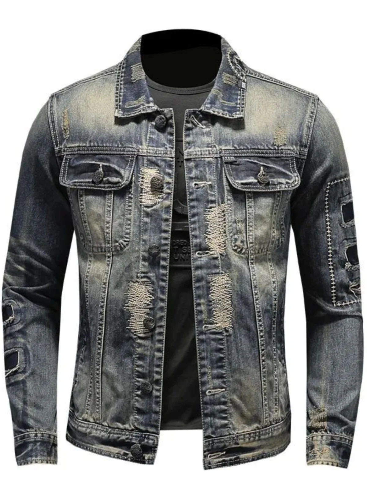 

Мужская винтажная джинсовая рабочая одежда Jaet Slim Fit, синие джинсы, рабочая одежда, верхняя одежда, длинный воротник свека, пальто на пуговицах