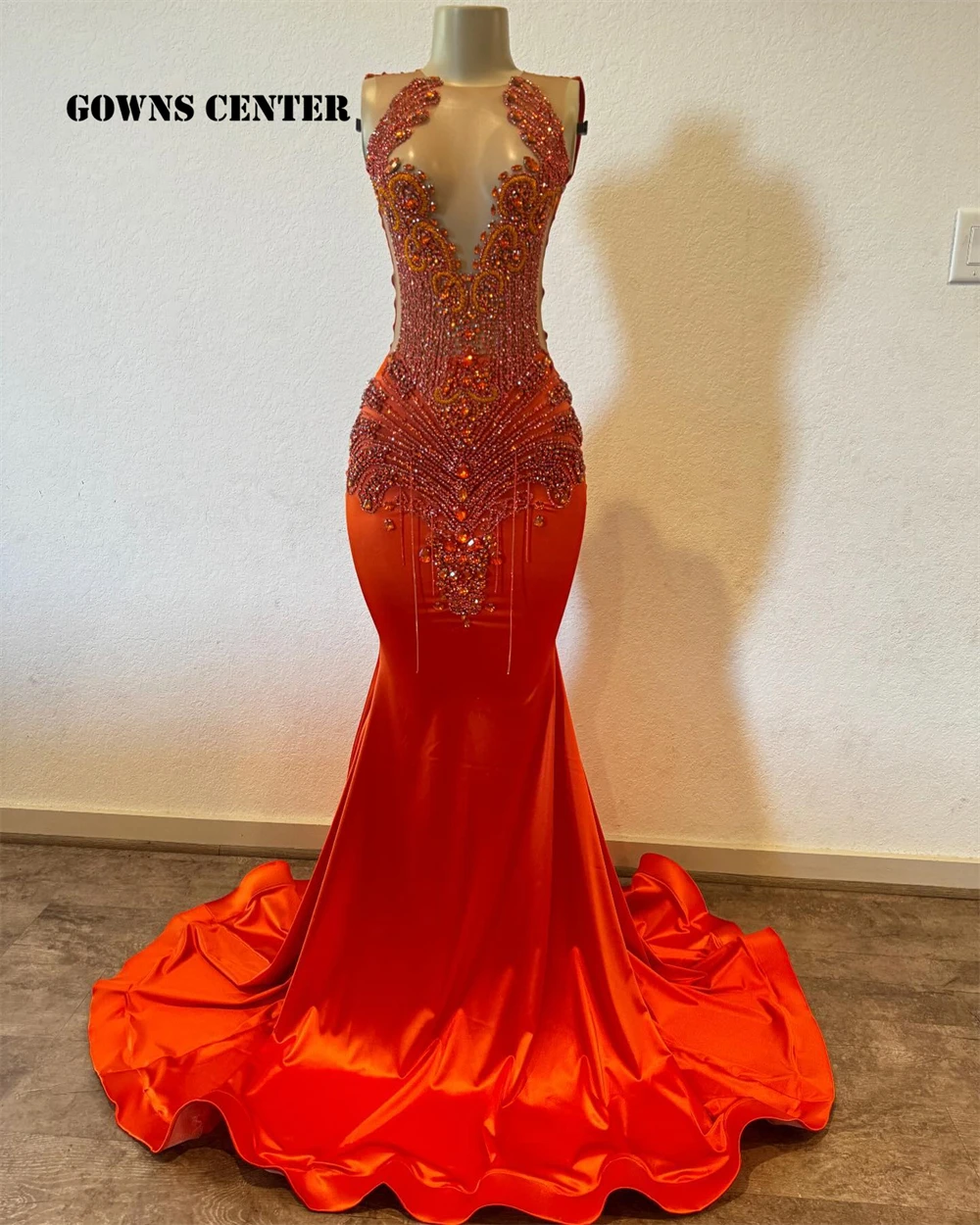 Dark Orange Long Prom Dress Tassels African Glitter Crystals Blackgirls Evening Dresses Mermaid Birthday Party Gown vestidos