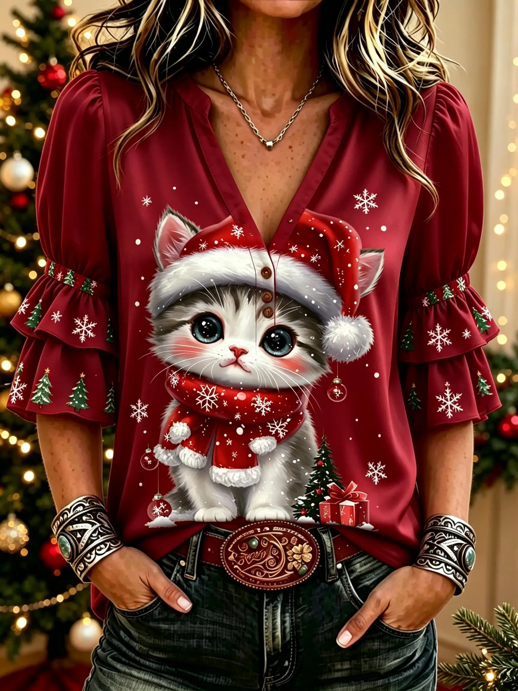 Women V Neck Half Button Blouse Tiered Ruffle Sleeve Christmas Cute Pet Graphic Print Holiday Party Top
