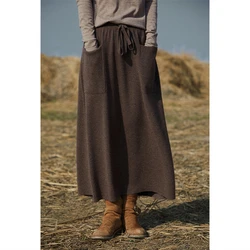 Hot Autumn/Winter New 100% Wool Skirt Women Loose And Thin Double Pocket A-Line Knitted One-Step Umbrella Long Dress Cashmere