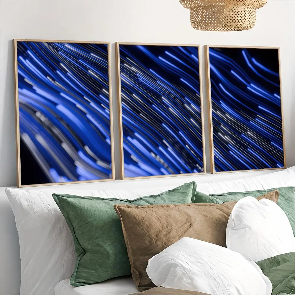 Electric Blue Flowing Light Lines Painting Calligraphy 3PC Canvas Poster Set Wall Art Painting for Living Room Home Decor Gift